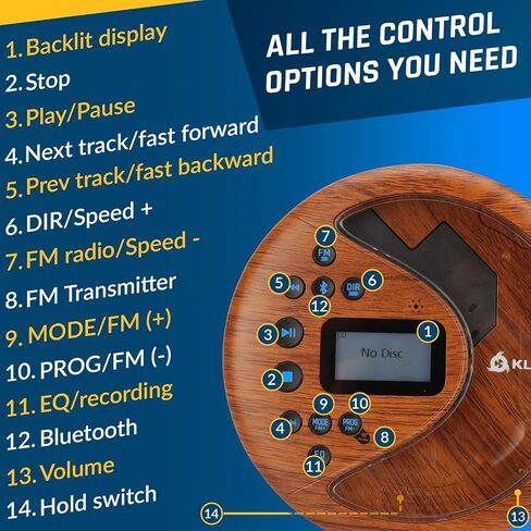 KLIM Discover Wood + مشغل أقراص مضغوطة محمول Walkman مع بطارية طويلة الأمد + جديد + مع سماعات رأس + راديو FM + مشغل أقراص مضغوطة MP3 متوافق + بطاقة SD وجهاز إرسال FM وبلوتوث + مثالي للسيارات in Kuwait