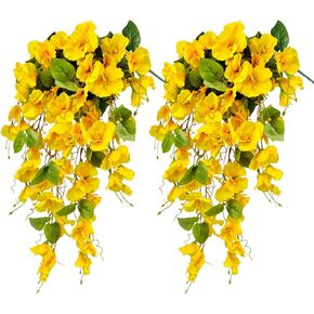 Artificial Fake Hanging Flowers Plants for Outdoor, Faux Silk Hibiscus Long Trailing Vines Realistic UV Resistant for Home Indoor Outside Front Porch Planter Patio Yard Decor,2Pcs (Yellow) in Kuwait