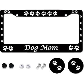 Dog Mom License Plate Frames Aluminum License Plate Cover with 2 Pcs Car Coasters and Screw and Black Screw Caps for Girl Women Men Gifts