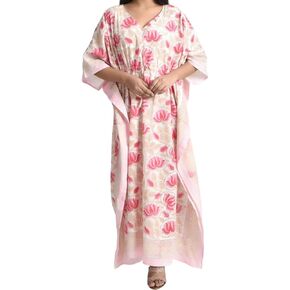 Fabric Venue Hand Block Print Cotton Wear Maxi Dress Caftan Dress Beach Wear Lotus Print Kaftan