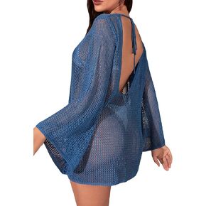 SweatyRocks Women's Hollow Out Long Sleeve Beach Dress Crochet Tie Back Loose Cover Up Swimsuit