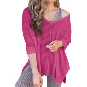 EVALESS Womens 3/4 Length Sleeve Waffle Knit Tops Casual Summer Trendy Off The Shoulder T Shirts Loose Fit V Neck Tunic Tops