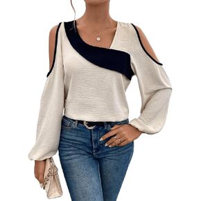 SOLY HUX Women's Cold Shoulder Colorblock Tops Long Sleeve Off Shoulder Casual Shirts Asymmetrical Blouse