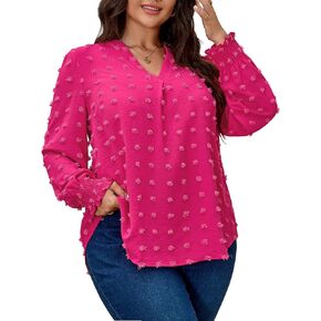SCOMCHIC Plus Size Blouses for Women Dressy Casual Long Sleeve Shirts V Neck Swiss Dot Business Work Tunic Tops