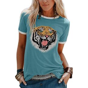 Womens Summer Tiger Printed T-Shirt Funny Cute Animal Graphic Tees Summer Short Sleeve Loose Tee Tops