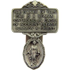 WJH Pewter Miraculous Medal I Am Roman Catholic Call A Priest Auto Visor Clip, 2 1/4 Inch
