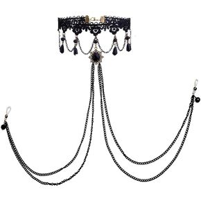 Sexy Fake Nipple Rings Nipple Noose Black Lace Choker Necklace Non-Piercing Nipple Rings Body Chain Nipple Chain for Women Clothing Accessories
