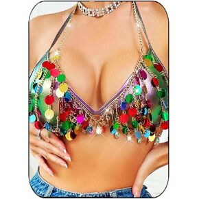 Aukmla Sequin Bra Body Chain Gold Halter Chest Chains Rave Beach Bikini Body Jewelry for Women