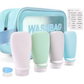 3oz Food-Grade Silicone Travel Bottles for Toiletries – TSA Approved Leak Proof Containers with Blue Wash Bag, Toothbrush Cover, and Labels | Perfect for Toiletries, Lotion, and Salad Dressings (Pink)