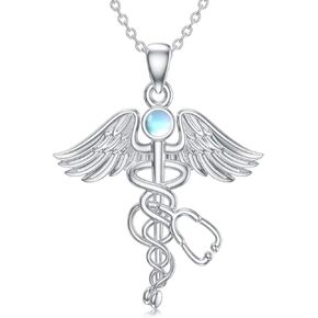 Nurse Necklace 925 Sterling Silver Nurse-Themed Necklace Stethoscope Pendant Caduceus Necklace with Moonstone Jewelry Gifts for Women Doctor Graduation Medical Student