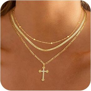 Cross Necklace for Women, 14K Gold Plated Stackable Layered Necklaces Herringbone Snake Cuban Figaro Rope Satellite Chain Necklace Cross Pendant CZ Diamond Simple Jewelry Gift