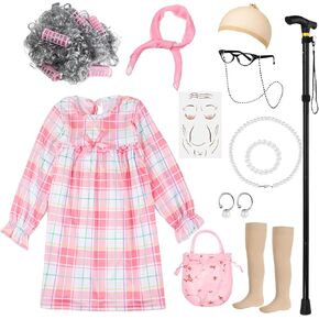 13 Pcs Old Lady Costume for Girls 100th Day of School Little Old Lady Little Old Women Cane Accessories (Plaid,3-4 Years)