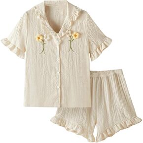 Verdusa Women's 2 Piece Pajama Set Applique Ruffle Trim Sleepwear Button Down Top and Shorts