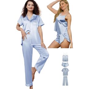 Womens 4Pcs Satin Pajama Sets Silk Pajamas Set Sexy Cami Lingerie Sleepwear Silky Pj Nightwear Pjs Loungewear