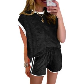 SHEWIN Women's 2 Piece Lounge Sets Casual Cap Sleeve Pullover Tops and Drawstring Shorts Tracksuit Sets