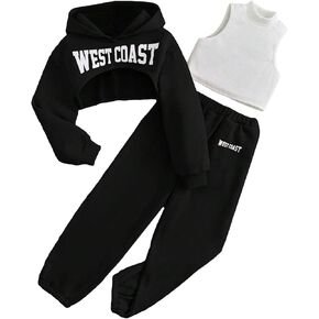 WDIRARA Women's 3 Pieces Letter Print Long Sleeve Hooded Sweatshirt with Tank Top and Pants Set Tracksuit