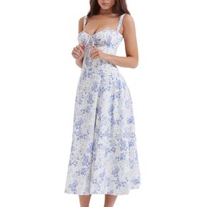 CHARTOU Women's Spaghetti Strap Midi Dress Sleeveless Square Neck Dress Floral Split Cottagecore Dress