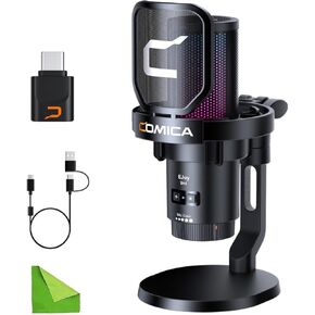 comica Wireless USB Microphone for Computer and Smartphone,48kHz/24bit RGB Cardioid Condenser Gaming Mic for Podcasting,Streaming,Recording,with Desktop Stand-White(EJoy Uni Pro D)