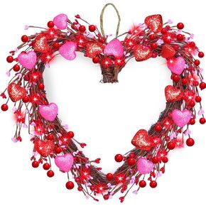 TURNMEON Valentine's Day Wreath, 16" Heart Shaped Wreath for Front Door with 20 Red Lights Pink Red Heart Red Berry Battery Operated Valentines Door Wreath for Home Outdoor Indoor Wedding Party Decor