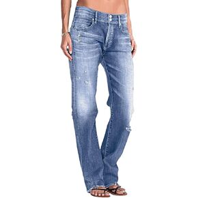 Flamingals Women's Low Rise Straight Leg Jeans Stretchy Ripped Raw Hem Casual Denim Jeans in Kuwait