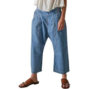 Cicy Bell Womens Wide Leg Cropped Jeans Baggy Boyfriend Smocked Mid Rise Harem Denim Pants