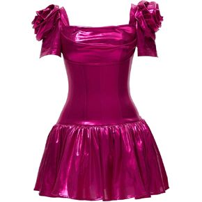 miccostumes Women's Costume 1980s Dress Retro Vintage Short Sleeves Rose Red Shiny Metallic Skater Mini Dress