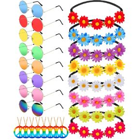 Hippie Accessories, 24 Pieces 60s 70s Women Hippie Costume Accessories Including 8 Pieces Peace Sign Necklaces, 8 Pieces Sunflower Hippie Headbands, 8 Pieces Hippie Glasses for Party