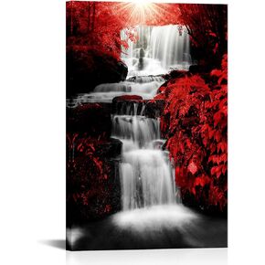 NutArtPic Waterfall Canvas Wall Art Black White Red Landscape Painting Red Tree Artwork Fall Natural Scene Picture Prints for Home Living Room Bedroom Office Decor 24"x36"