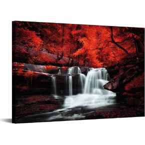 Conipit Black White and Red Wall Art Red Tree Waterfall Picture Canvas Landscape Print Artwork for Living Room Autumn Red Forest Water Wall Decor Painting Framed Ready to Hang 24x36 Inch