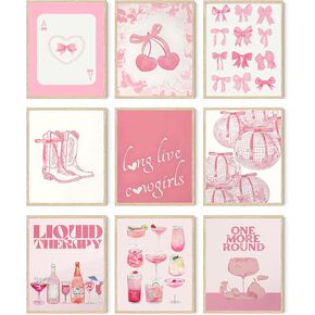 9Pcs Trendy Pink Bows Wall Art Prints Retro Bar Cart Champagne Cocktail Disco Ball Posters Long Live Cowgirls Preppy Coquette Room Decor Aesthetic Pictures for Girly Dorm Apartment Bedroom 8x10in