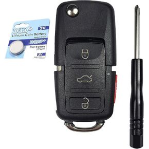 HQRP Volkswagen Folding Flip Key Fob Shell Remote Case Keyless Entry with 4 Buttons and CR2032 Battery - Compatible with Beetle / CC / EOS / GTI / Golf Mk4 / Jetta Mk5 / Passat, and Rabbit Models