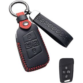 Key Fob Cover Leather Car Key Case Keychain Fob Holder Compatible with Volkswagen Atlas Tiguan Alltrack Jetta Passat Arteon Golf GTI Taos Routan 2018-2024 (VWE-Black)
