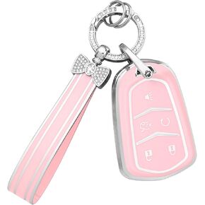 PIFOOG Key Fob Cover for Cadillac XT4 XT5 XT6 CTS SRX ATS XTS CT6 Accessories Pink 5 Button Car Keys Case Shell Protector Bling Key Chain Girly Women TPU
