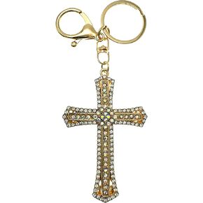 Inlaid Cross Keychain - Rhinestones, Gold Filigree Back, Drawstring Bag, 5.6 Inches Long