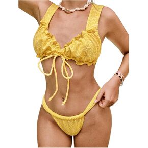 MakeMeChic Women's Floral Bikini Sets Frill Trim Tie Back Drawstring Summer Swimsuits