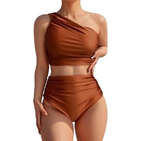 Women's High Waisted Bikini Sets One Shoulder Two Piece Swimsuit Tummy Control Bathing Suits