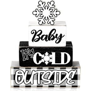 4 Pcs Winter Table Decorations Snowflake Tiered Tray Decor Baby It's Cold Outside Sign Christmas Centerpiece Winter Snow Block Signs Winter Table Decor Winter Tabletop Signs(Cute Style)