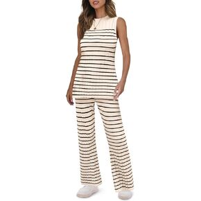 Tankaneo Womens Striped 2 Piece Outfits Sweater Set Summer Sleeveless Tops and Pants Lounge Long Pajamas Set