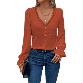 WDIRARA Women's Swiss Dots Guipure Lace Trim V Neck Button Front Flounce Long Sleeve Blouse Top