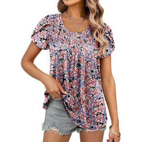 ZOLUCKY Womens Short Sleeve Shirts Floral Summer Tops Ladies Tunic Tops Loose Fit Tunics
