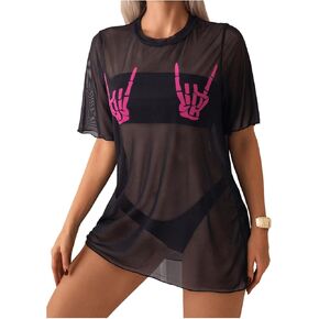WDIRARA Women's Skeleton Sheer Mesh See Through Short Sleeve Swimsuit Cover Up Tops