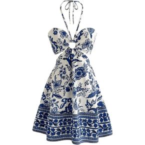 Women's Floral Halter Flowy A Line Dress Cut Out Smocked High Waisted Short Vacation Dress Sundresses