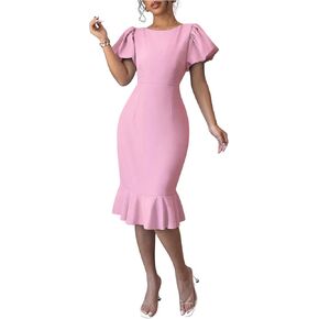 Milumia Women's Puff Short Sleeve Ruffle Hem Elegant Dress Bodycon Knee Length Dresses