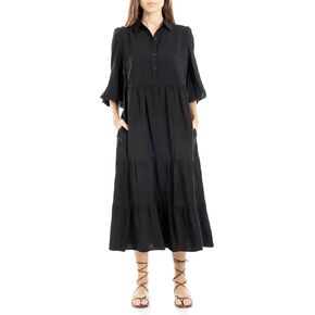 فستان ماكس ستوديو للسيدات 3/4 كم بياقة وأزرار وطبقات، مقاس أمريكي متوسط، أسود in Kuwait