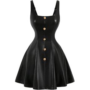 Floerns Women's PU Leather Sleeveless Tank Dress Button Front Ruffle Hem Party Dresses