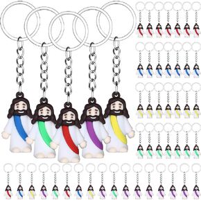 50 Pcs Mini Jesus Figurine Keychain Religious Jesus Doll Keyrings Bulk Christian Figurine Gifts Nativity First Communion Supplies for Sunday School Classic Christian Key Rings for Women Men