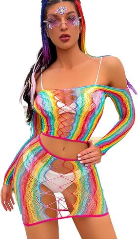 Women Rave Rainbow See Through Mesh Bikini Cover Ups Sexy Hollow Out 2 Piece Crop Top Mini Skirt Festival Outfit in Kuwait