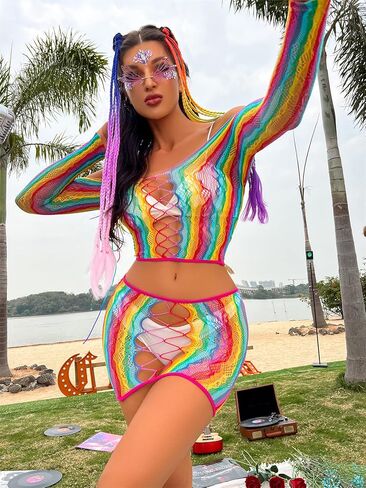 Women Rave Rainbow See Through Mesh Bikini Cover Ups Sexy Hollow Out 2 Piece Crop Top Mini Skirt Festival Outfit in Kuwait