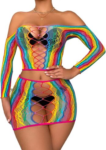 Women Rave Rainbow See Through Mesh Bikini Cover Ups Sexy Hollow Out 2 Piece Crop Top Mini Skirt Festival Outfit in Kuwait