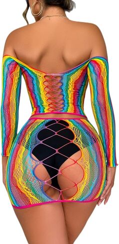 Women Rave Rainbow See Through Mesh Bikini Cover Ups Sexy Hollow Out 2 Piece Crop Top Mini Skirt Festival Outfit in Kuwait